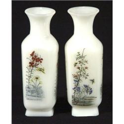 Pair of square based Peking opaque white glass vases, hand painted with birds and butterflies, 17cm