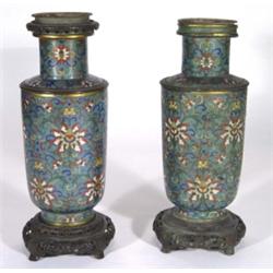 Pair of Japanese cloisonne vases, decorated with flowers on cast bronze stands, 37cm high