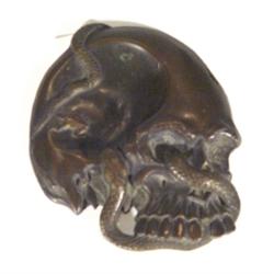 Japanese bronze scull shaped weight, moulded with a snake and a frog, 10cm in length