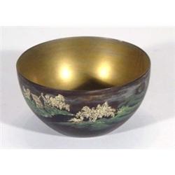 Japanese lacquer bowl, the gilt interior hand painted with fish, the exterior decorated with pagodas