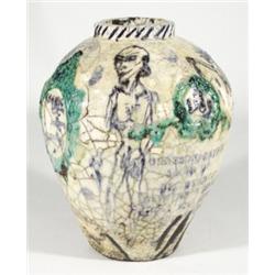 Grayson Perry Turner Prize Winner 2004 studio pottery vase, relief moulded with a wreath and hand pa