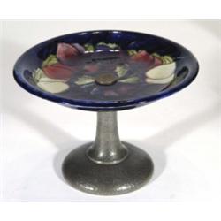 Moorcroft tazza on a hammered Liberty Tudric pewter base, hand painted and tubelined with 'Wisteria'