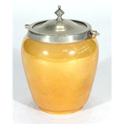 Moorcroft orange lustre glazed biscuit barrel with silver plated mount, impressed marks to base, 23c