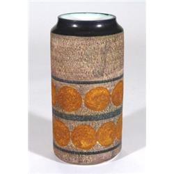 Cylindrical Troika pottery vase, hand painted with green bands and orange spots onto a brown ground,