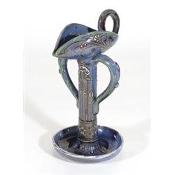 Brannam Barum Art Nouveau pottery chamberstick with twin handles, incised and hand painted with styl