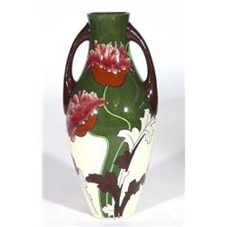 Twin handled Foley Intarsioware vase, hand painted and tubelined with flowers onto a green and cream