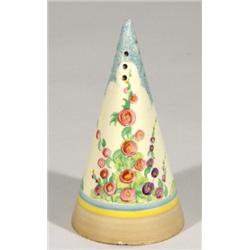 Clarice Cliff conical sugar sifter, hand painted with flowers Clarice Cliff marks to base, 14cm high