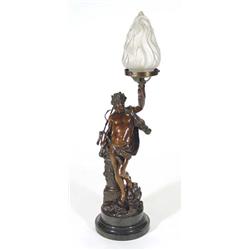 Bronze table lamp signed Paul Aichele, modelled as a scantily clad figure with raised arm beside a r