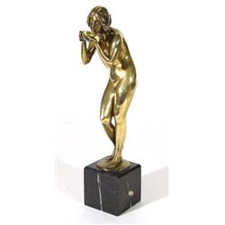 Gilt bronze figurine 'Thirsty',signed V. Seifert, a nude woman drinking from a bowl on a square blac