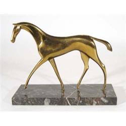 Stylised gilt bronze horse on a rectangular white veined black marble base, 32cm high