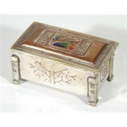 Silver plated brass and copper rectangular Arts and Crafts trinket box with a red, yellow, green and