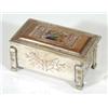 Image 1 : Silver plated brass and copper rectangular Arts and Crafts trinket box with a red, yellow, green and