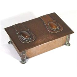 Hammered copper Cambray Art Nouveau style rectangular box and cover with rivetted straps, marks to b