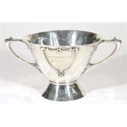 Hammered twin handled Art Nouveau style silver trophy, Chester, 1907, 16cm high