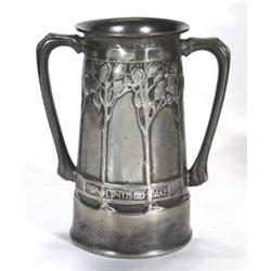 Libertys Tudric twin handled vase, relief moulded with stylised leaves entitled 'For Old Times Sake'
