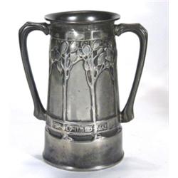 Libertys Tudric twin handled vase, relief moulded with stylised leaves entitled 'For Old Times Sake'