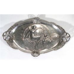 Oval WMF silver plated tray, embossed with a scantily clad woman and a cherub amongst flowers with t