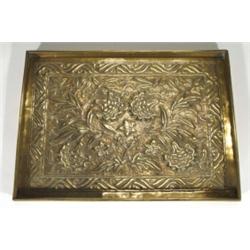 Rectangular brass Keswick tray, embossed with stylised flowers, marks to face, 39cm in length