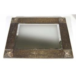 Rectangular hammered copper Arts and Crafts style bevel edged mirror with rivetted corners, 55cm hig