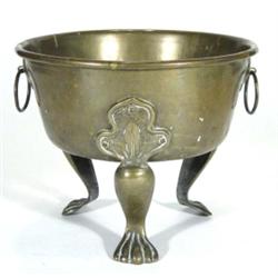 Art Nouveau brass planter with rivetted lion paw legs, 30cm high