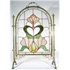 Art Nouveau brass framed firescreen with floral design coloured leaded glazed panels