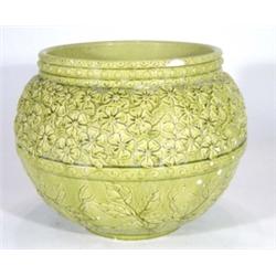 Green glazed Burmantofts faience jardiniere, relief moulded with flowers and leaves, impressed marks