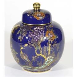 Wintonware ginger jar and cover, hand enamelled and gilded with chinoiserie decoration and peacocks