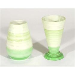 Two Shelley 'Harmonyware' vases, decorated with green bands, marks to bases, 13cm high