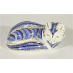 Royal Crown Derby blue and gold fox paperweight, marks to base, 10cm in length