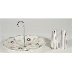 Midwinter umbrella shaped cake plate with chrome handle, and a 1950s black and white striped 2 piece