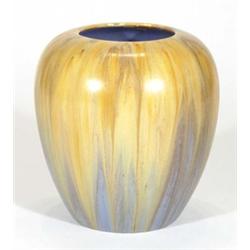 Art Deco ovoid shape pottery vase, decorated with an orange and purple dripped glaze, 20cm high