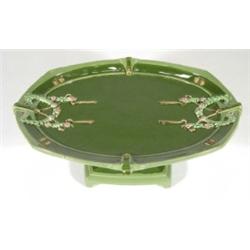 Eichwald green glazed Art Nouveau pottery tazza, relief moulded with swags, marks to base, 33cm in l