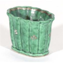 Gustavsberg mottled turquoise glazed posy vase with silver metal decoration, marks to base, 7cm high