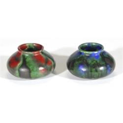 Two Minton and Hollings Astraware Art Nouveau vases in mottled red, green and blue glazes, marks to