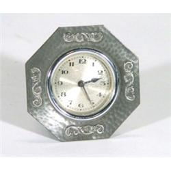 Hexagonal Libertys Tudric hammered pewter alarm clock, retailed by Connells, marks to back, 10cm hig