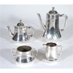 Four piece WMF silver plated Arts and Crafts style tea/coffee set, embossed with a band of leaves, m