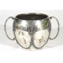 Twin handled Art Nouveau style silver plated planter, decorated with floral swags, marks to base, 14