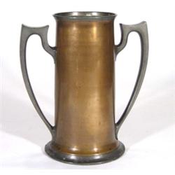 Reed & Barton copper vase with twin pewter handles and base, impressed mark to base, 30cm high