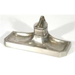 Art Nouveau silver plated desk stand with china inkwell, 27cm in length
