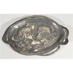 Cast aluminium Art Nouveau dish, cast with lovers kissing, marks to back, 30cm in length