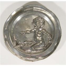 Circular WMF style silver plated dish, embossed with a young nude boy feeding birds, numbered 380A t