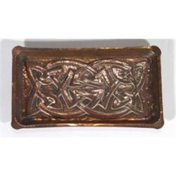 Rectangular hammered Arts and Crafts copper dish with 'Celtic Knot' design, 19cm in length