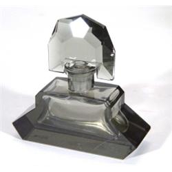 Smoked Art Deco cut glass scent bottle and stopper, 14cm high