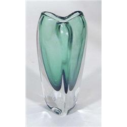 Whitefriars triangular blue and clear glass vase, 21cm high