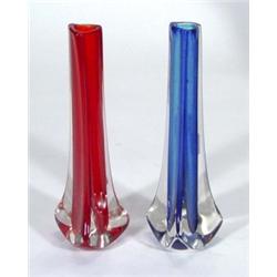 Red Whitefriars bud vase and a matching blue bud vase, 24cm high