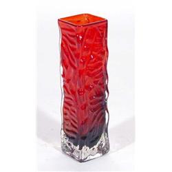 Square based red and clear Whitefriars style glass vase, 19cm high