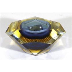 American blue and amber cut Art glass ashtray, 13cm diameter
