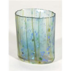 Oval Kosta Boda style iridescent glass vase with blue and green veins, 9cm high