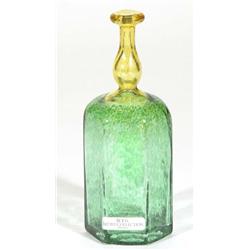 Hexagonal Kosta Boda green and amber glass scent bottle, inscribed marks to base, 17cm high