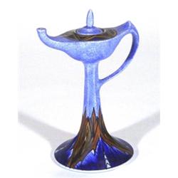 Hand painted Clews Chameleonware pedestal Aladdin's lamp, decorated with a brown and blue flame patt